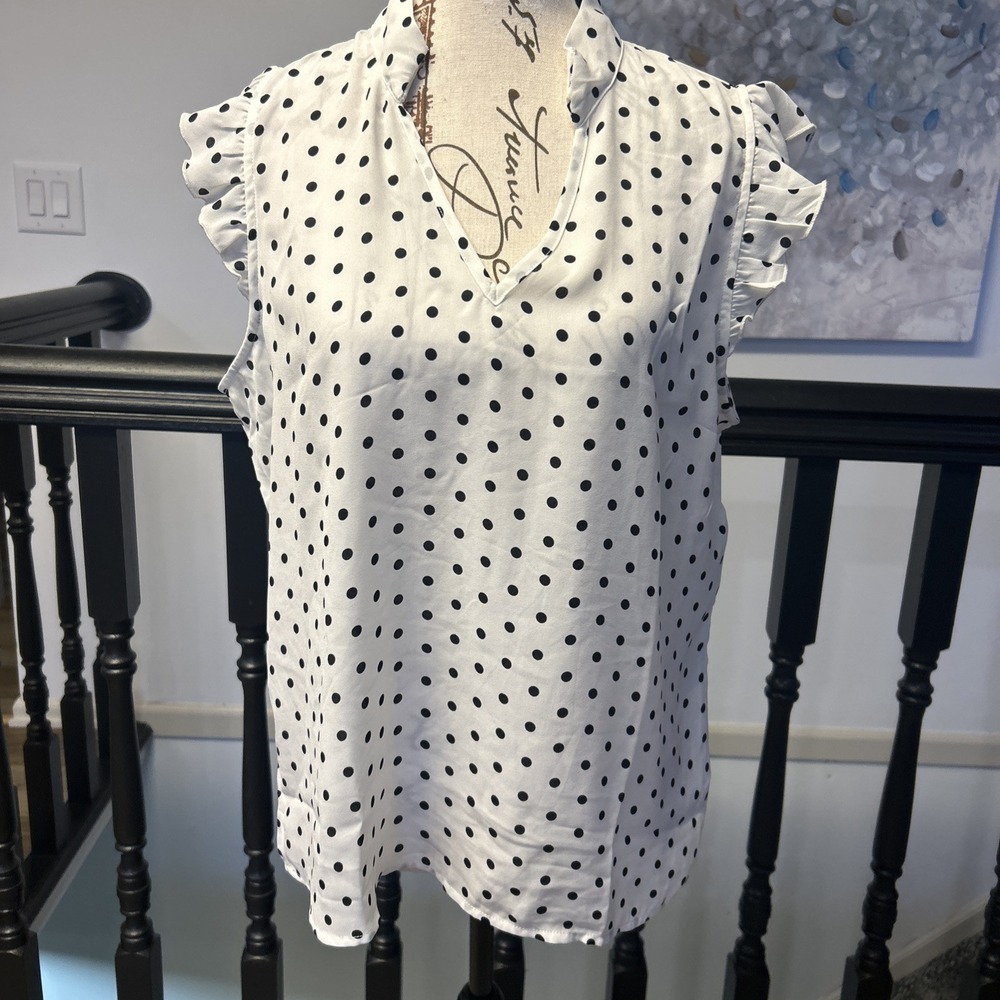 Tamara H Women's White Black Polkadot V Neck Tunic Size Medium NWT